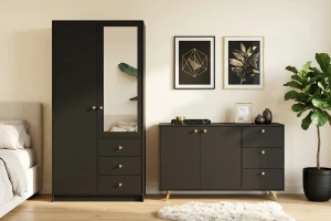 SEATTLE commode met 3 laden en 2 deuren, goudkleurige grepen en metalen poten, in mat zwart of mat wit kinder meubels 24