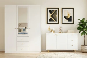 SEATTLE commode met 3 laden en 2 deuren, goudkleurige grepen en metalen poten, in mat zwart of mat wit kinder meubels 24