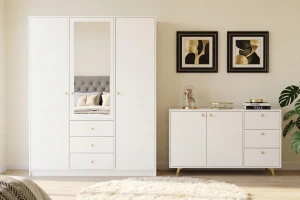 SEATTLE commode met 3 laden en 2 deuren, goudkleurige grepen en metalen poten, in mat zwart of mat wit kinder meubels 24