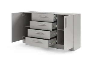 BRISSO BRK1 commode 155,5 cm breed met 4 laden en 2 deuren, kasjmier, eiken Cremona, platinagrijs, met metalen grepen kinder meubels 24