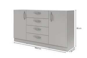 BRISSO BRK1 commode 155,5 cm breed met 4 laden en 2 deuren, kasjmier, eiken Cremona, platinagrijs, met metalen grepen kinder meubels 24
