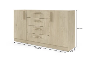 BRISSO BRK1 commode 155,5 cm breed met 4 laden en 2 deuren, kasjmier, eiken Cremona, platinagrijs, met metalen grepen kinder meubels 24