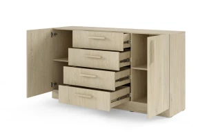 BRISSO BRK1 commode 155,5 cm breed met 4 laden en 2 deuren, kasjmier, eiken Cremona, platinagrijs, met metalen grepen kinder meubels 24