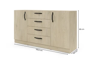 BRISSO BRK1 commode 155,5 cm breed met 4 laden en 2 deuren, kasjmier, eiken Cremona, platinagrijs, met metalen grepen kinder meubels 24