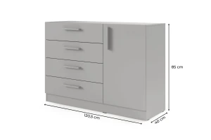 BRISSO BRK2 commode 120,5 cm breed met 4 laden en 1 deur, kasjmier, eiken Cremona, platinagrijs, met metalen grepen kinder meubels 24