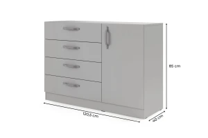BRISSO BRK2 commode 120,5 cm breed met 4 laden en 1 deur, kasjmier, eiken Cremona, platinagrijs, met metalen grepen kinder meubels 24