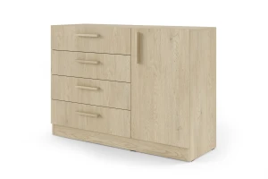 BRISSO BRK2 commode 120,5 cm breed met 4 laden en 1 deur, kasjmier, eiken Cremona, platinagrijs, met metalen grepen kinder meubels 24