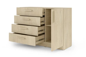 BRISSO BRK2 commode 120,5 cm breed met 4 laden en 1 deur, kasjmier, eiken Cremona, platinagrijs, met metalen grepen kinder meubels 24