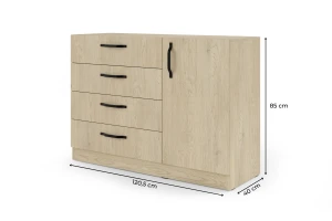BRISSO BRK2 commode 120,5 cm breed met 4 laden en 1 deur, kasjmier, eiken Cremona, platinagrijs, met metalen grepen kinder meubels 24