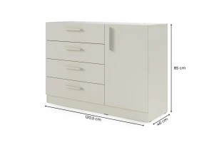 BRISSO BRK2 commode 120,5 cm breed met 4 laden en 1 deur, kasjmier, eiken Cremona, platinagrijs, met metalen grepen kinder meubels 24