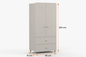 MARCO 02 kledingkast 90 cm kasjmier, 2-deurs, met 2 lades en kledingroede Kinder Meubels 24