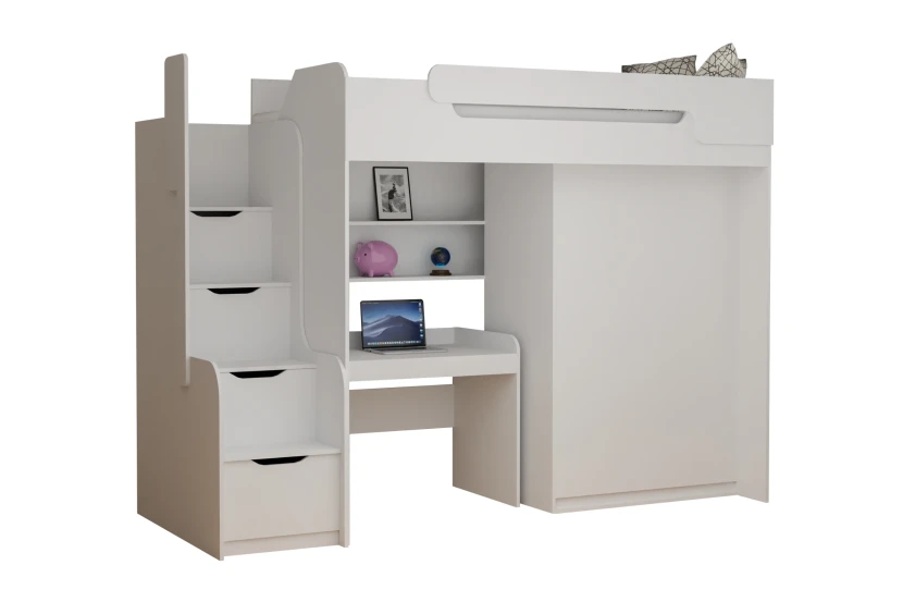 ARTHUR 90x200 Wit Hoogslaper Functioneel Bed met Bureau, Kast en Trap Kinder Meubels