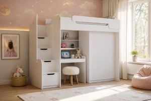 ARTHUR 90x200 Wit Hoogslaper Functioneel Bed met Bureau, Kast en Trap Kinder Meubels