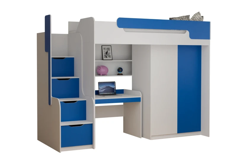 ARTHUR 90x200 Wit + Blauw Hoogslaper Functioneel Bed met Bureau, Kast en Trap Kinder Meubels