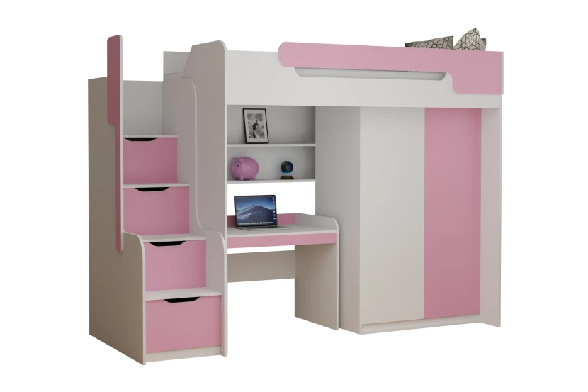 ARTHUR 90x200 Wit + Roze Hoogslaper Functioneel Bed met Bureau, Kast en Trap Kinder Meubels