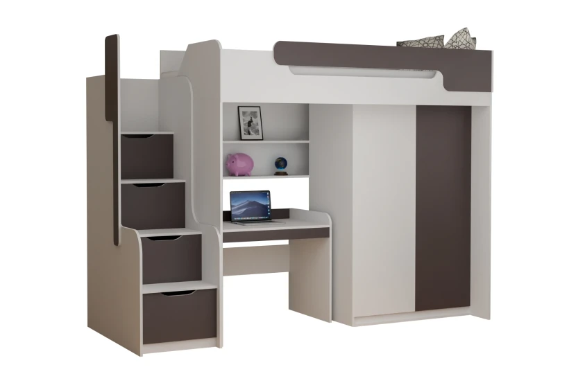 ARTHUR 90x200 Wit + Grafiet Hoogslaper Functioneel Bed met Bureau, Kast en Trap Kinder Meubels