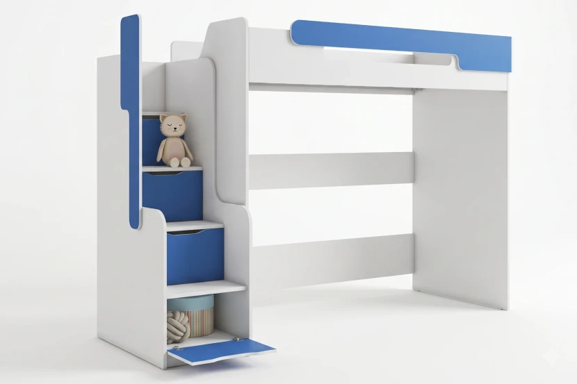 ARTHUR 90x200 Wit + Blau Hoogslaper Functioneel Bed Kinder Meubels