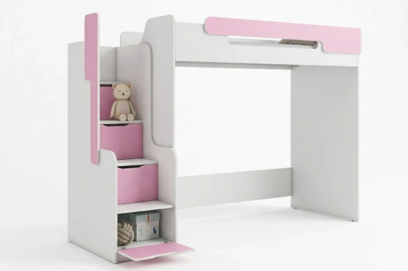 ARTHUR 90x200 Wit + Roze Hoogslaper Functioneel Bed Kinder Meubels