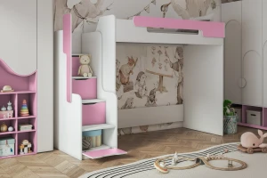 ARTHUR 90x200 Wit + Roze Hoogslaper Functioneel Bed Kinder Meubels