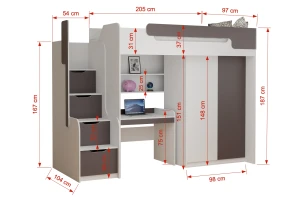 ARTHUR 90x200 Wit + Eik Hoogslaper Functioneel Bed Kinder Meubels 