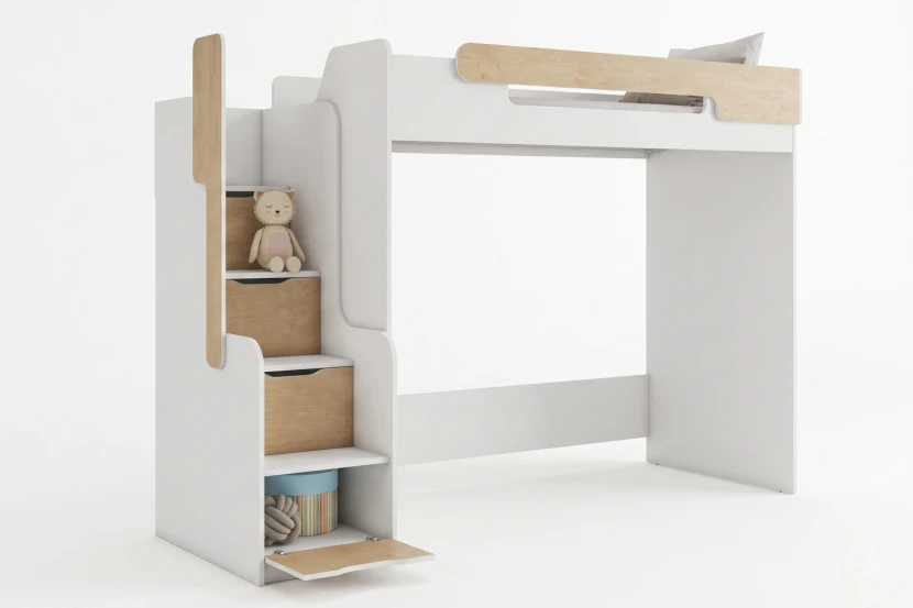 ARTHUR 90x200 Wit + Eik Hoogslaper Functioneel Bed Kinder Meubels 