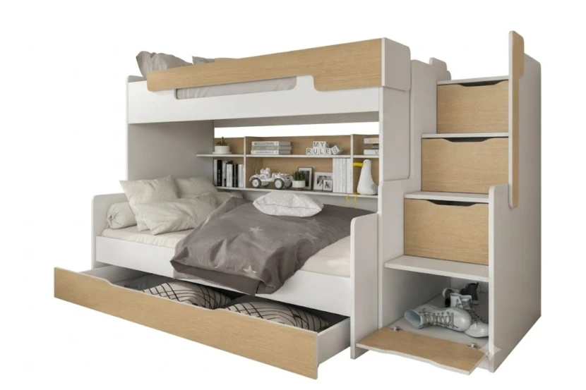 HANNA 90x200/120x200 Wit + Eik Stapelbed Functioneel Bed met Trap Kinder Meubels 