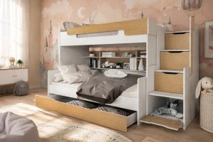 HANNA 90x200/120x200 Wit + Eik Stapelbed Functioneel Bed met Trap Kinder Meubels 