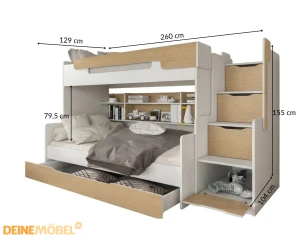 HANNA 90x200/120x200 Wit + Eik Stapelbed Functioneel Bed met Trap Kinder Meubels 