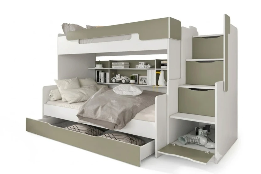 HANNA 90x200/120x200 Wit + Eucalyptus Stapelbed Functioneel Bed met Trap Kinder Meubels 