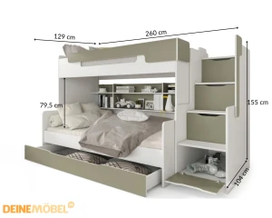 HANNA 90x200/120x200 Wit + Eucalyptus Stapelbed Functioneel Bed met Trap Kinder Meubels 