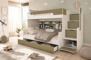 HANNA 90x200/120x200 Wit + Eucalyptus Stapelbed Functioneel Bed met Trap Kinder Meubels 