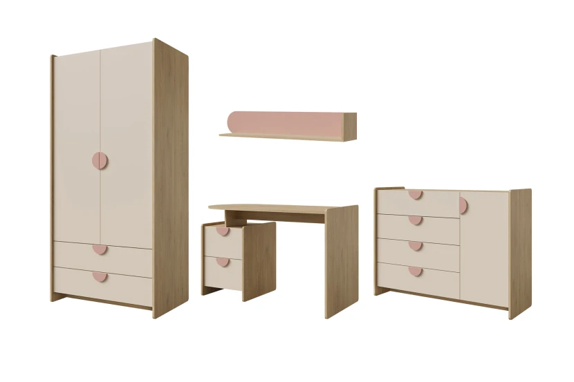 LEXO A tienerkamerset, kinderkamerset met kledingkast, commode, bureau & wandrek Kinder Meubels 24