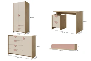 LEXO A tienerkamerset, kinderkamerset met kledingkast, commode, bureau & wandrek Kinder Meubels 24