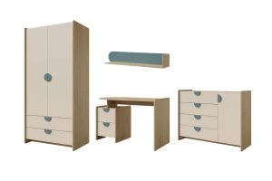LEXO A tienerkamerset, kinderkamerset met kledingkast, commode, bureau & wandrek Kinder Meubels 24