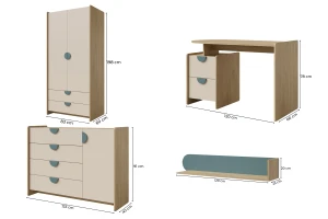 LEXO A tienerkamerset, kinderkamerset met kledingkast, commode, bureau & wandrek Kinder Meubels 24