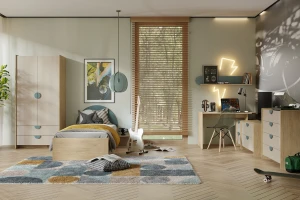 LEXO A tienerkamerset, kinderkamerset met kledingkast, commode, bureau & wandrek Kinder Meubels 24