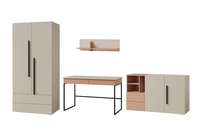 LIMA B tienerkamerset met kledingkast, bureau, commode en wandrek Kinder Meubels 24