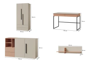 LIMA B tienerkamerset met kledingkast, bureau, commode en wandrek Kinder Meubels 24