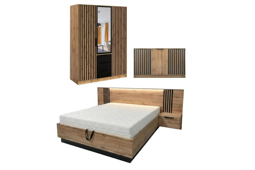 LABOO LUX G complete slaapkamer, slaapkamerset in eiken Wotan/matzwart, met lamellen Kinder Meubels 24