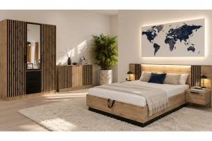 LABOO LUX G complete slaapkamer, slaapkamerset in eiken Wotan/matzwart, met lamellen Kinder Meubels 24