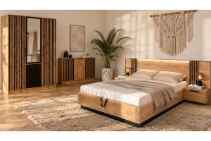 LABOO LUX G complete slaapkamer, slaapkamerset in eiken Wotan/matzwart, met lamellen Kinder Meubels 24
