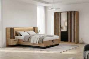 LABOO LUX G complete slaapkamer, slaapkamerset in eiken Wotan/matzwart, met lamellen Kinder Meubels 24