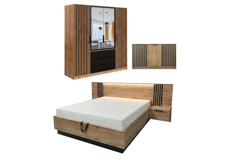 LABOO LUX H complete slaapkamer, slaapkamerset in eiken Wotan/matzwart, met lamellen Kinder Meubels 24