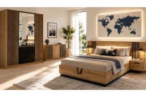 LABOO LUX H complete slaapkamer, slaapkamerset in eiken Wotan/matzwart, met lamellen Kinder Meubels 24