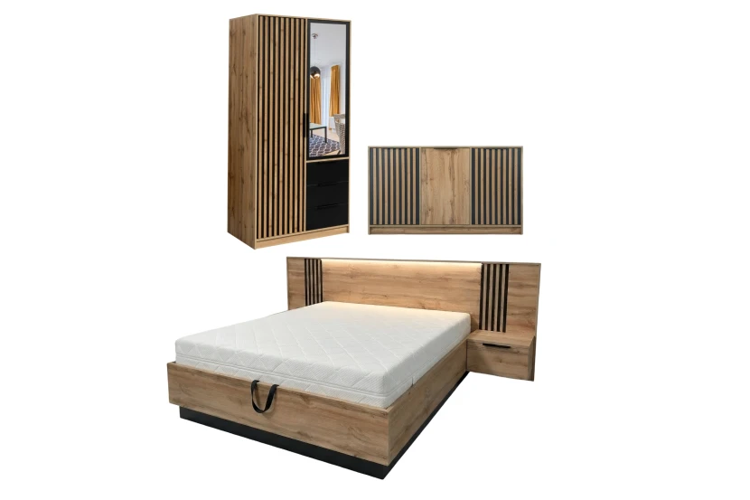 LABOO LUX I complete slaapkamer, slaapkamerset in eiken Wotan/matzwart, met lamellen Kinder Meubels 24
