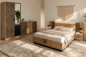 LABOO LUX I complete slaapkamer, slaapkamerset in eiken Wotan/matzwart, met lamellen Kinder Meubels 24