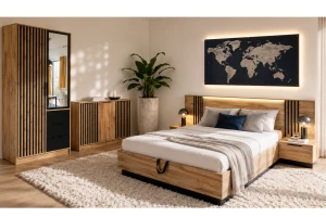 LABOO LUX I complete slaapkamer, slaapkamerset in eiken Wotan/matzwart, met lamellen Kinder Meubels 24