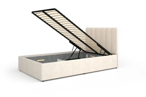 MONI 12 gestoffeerd bed met bedkist en lattenbodem, in beige en grijs Kinder Meubels 24