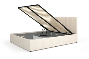 MONI 12 gestoffeerd bed met bedkist en lattenbodem, in beige en grijs Kinder Meubels 24
