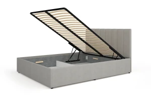 MONI 12 gestoffeerd bed met bedkist en lattenbodem, in beige en grijs Kinder Meubels 24